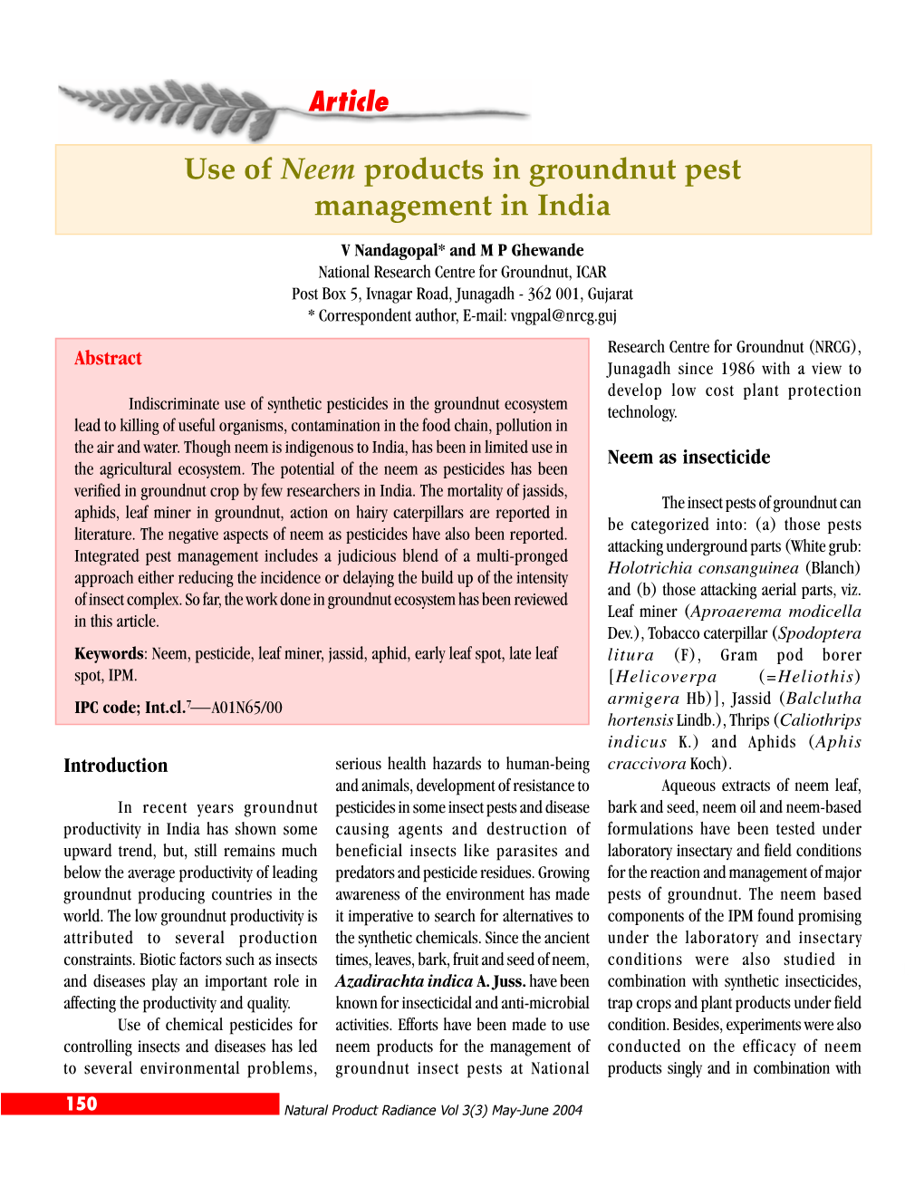 Use of Neem Products in Groundnut Pest Management in India