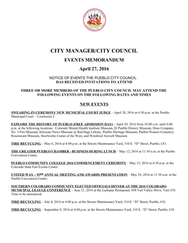 CITY MANAGER/CITY COUNCIL EVENTS MEMORANDUM April 27, 2016