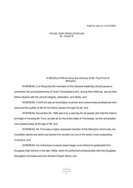 A RESOLUTION to Honor the Memory of Mr. Fred Ford of Memphis