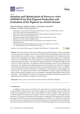 Isolation and Optimization of Monascus Ruber OMNRC45 for Red Pigment Production and Evaluation of the Pigment As a Food Colorant