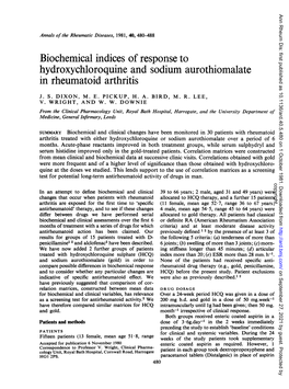 Biochemical Indices Ofresponse to Hydroxychloroquine and Sodium Aurothiomalate in Rheumatoid Arthritis 481