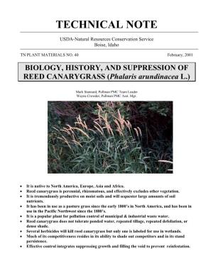 Technical Note 40: Biology, History and Suppression of Reed Canarygrass