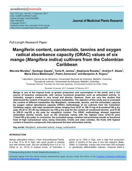 Mangifera Indica) Cultivars from the Colombian Caribbean