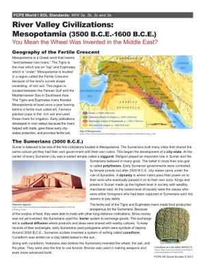 River Valley Civilizations: Mesopotamia (3500 BCE-1600 BCE)