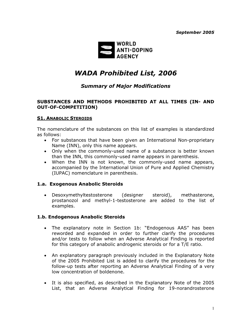 WADA Prohibited List, 2006