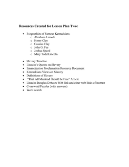 Resources Created for Lesson Plan Two