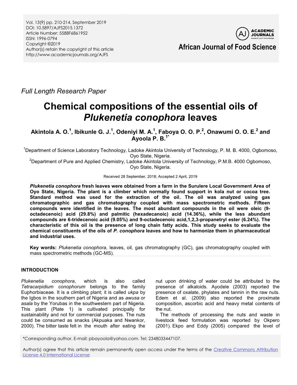 Chemical Compositions of the Essential Oils of Plukenetia Conophora Leaves
