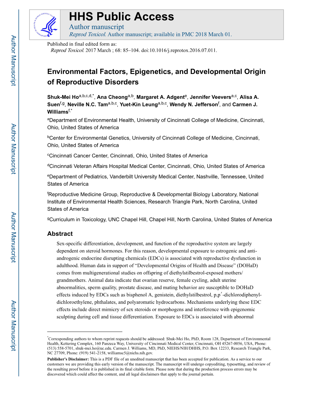 Environmental Factors, Epigenetics, and Developmental Origin of Reproductive Disorders