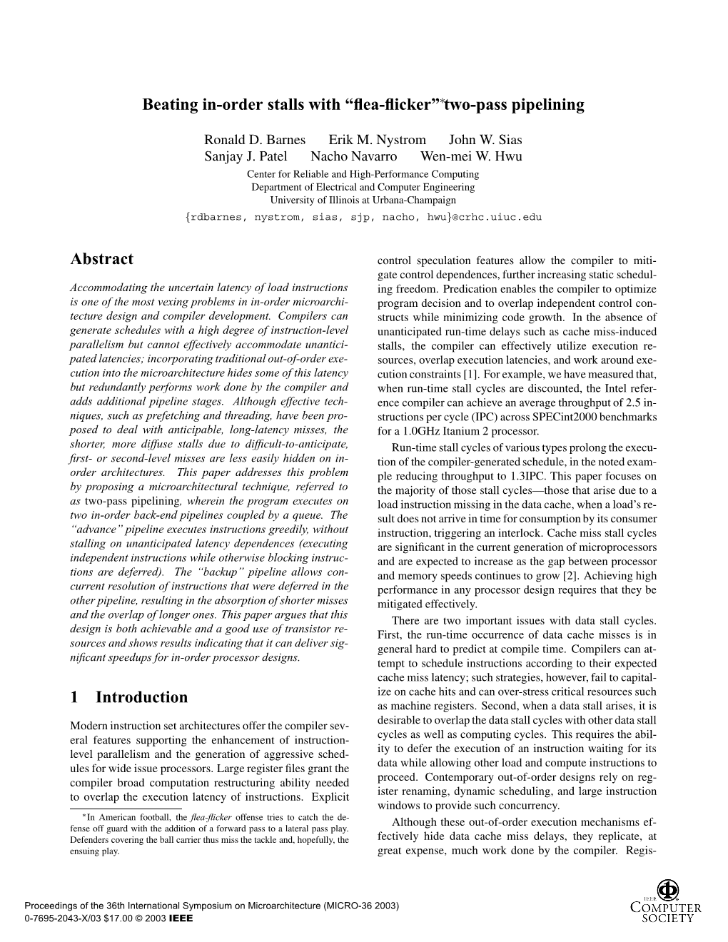 Beating In-Order Stalls with “Flea-Flicker” Two-Pass Pipelining