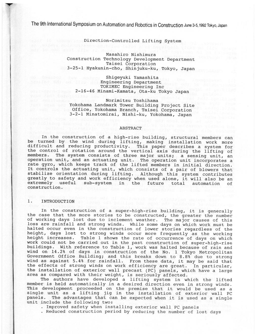 The 9Th International Symposium on Automation and Robotics in Construction June 3-5,1992 Tokyo, Japan