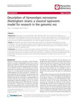 Description of Hymenolepis Microstoma (Nottingham Strain): a Classical Tapeworm Model for Research in the Genomic Era Lucas J Cunningham, Peter D Olson*