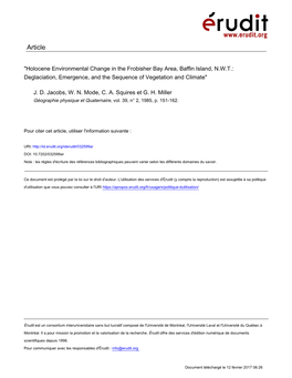 Holocene Environmental Change in the Frobisher Bay Area, Baffin Island, N.W.T.: Deglaciation, Emergence, and the Sequence of Vegetation and Climate"
