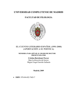 El Cuento Literario Español (1991-2000) (Aportación a Su Poética)