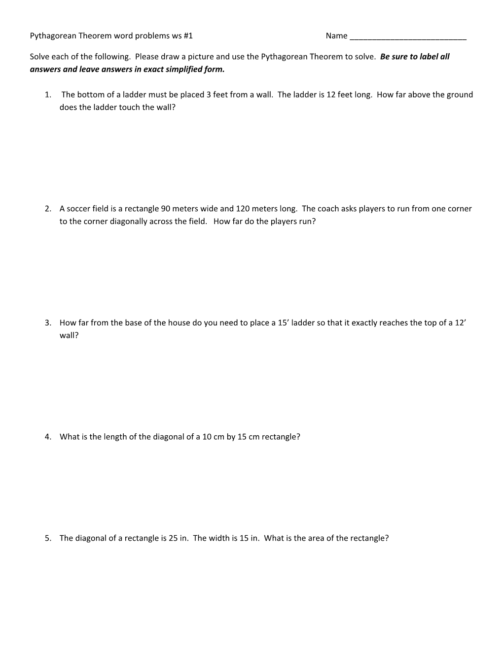 Pythagorean Theorem Word Problems Ws #1 Name ______