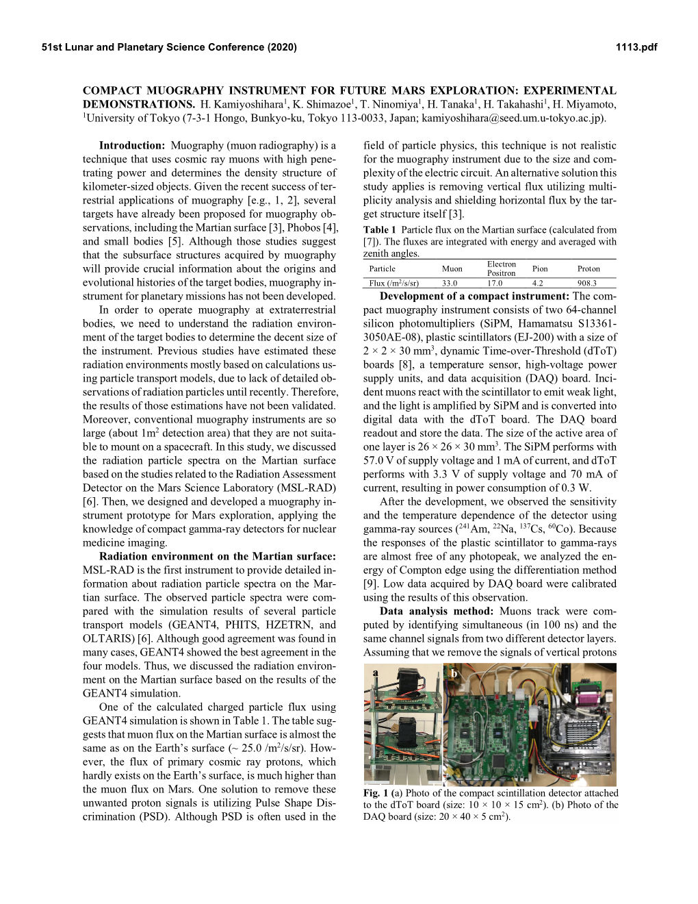 COMPACT MUOGRAPHY INSTRUMENT for FUTURE MARS EXPLORATION: EXPERIMENTAL DEMONSTRATIONS. H. Kamiyoshihara1, K. Shimazoe1, T. Ninomiya1, H