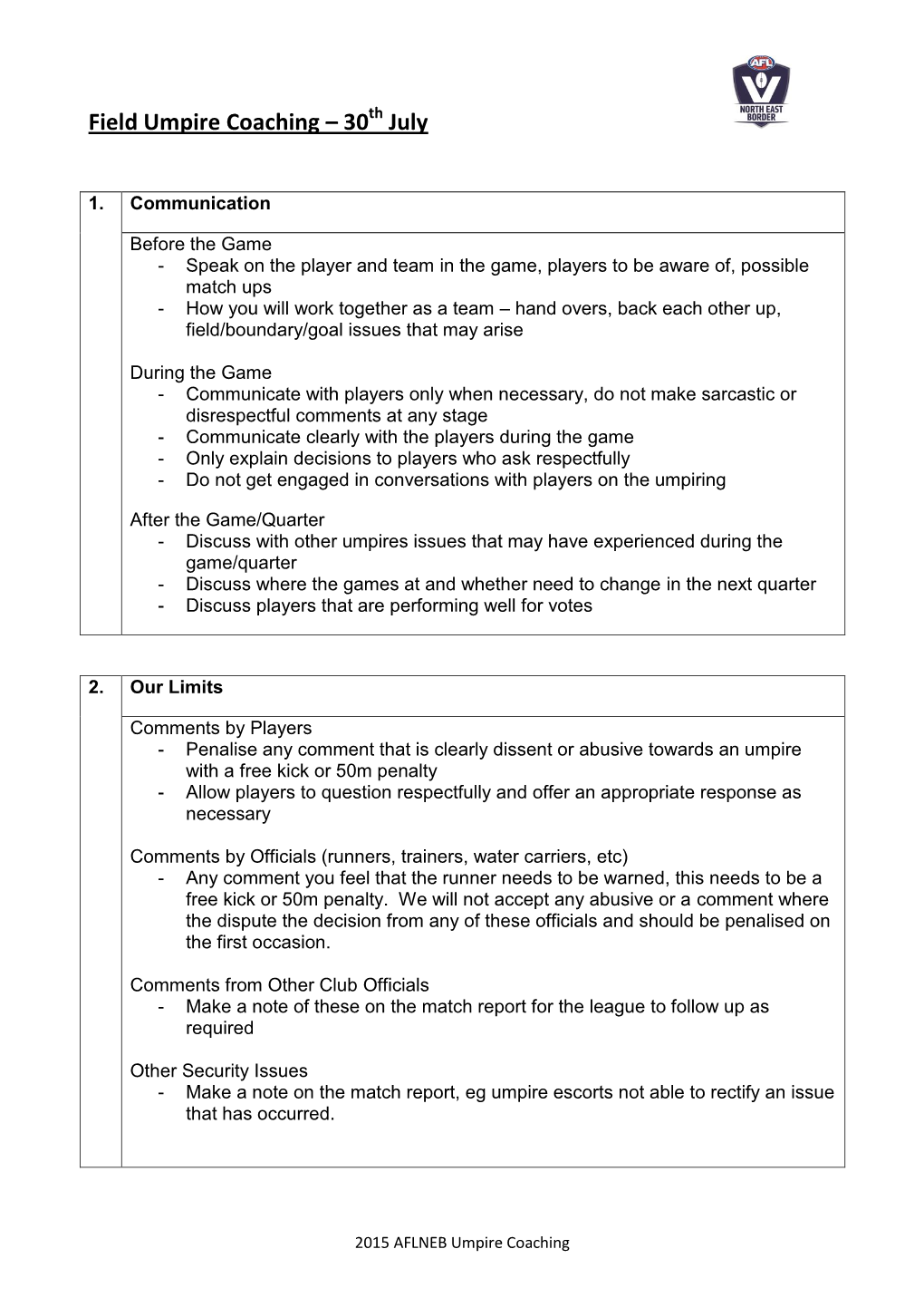 Field Umpire Coaching – 30 July