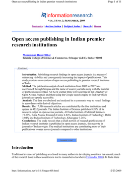 Open Access Publishing in Indian Premier Research Institutions Page 1 of 11