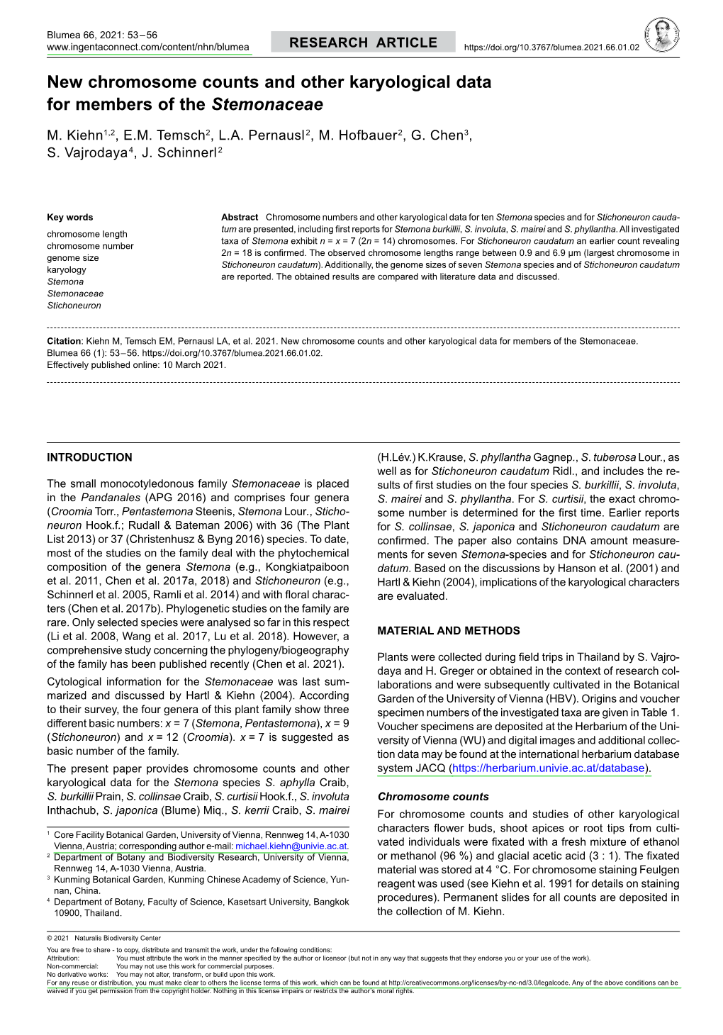 New Chromosome Counts and Other Karyological Data for Members of the Stemonaceae