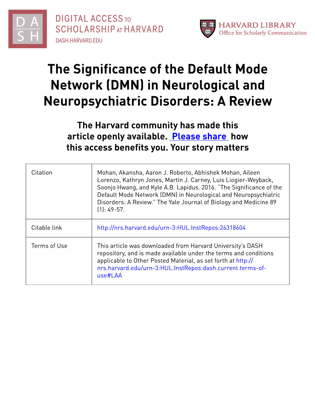 The Significance of the Default Mode Network (DMN) in Neurological and Neuropsychiatric Disorders: a Review
