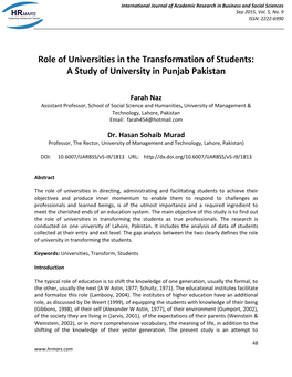 Role of Universities in the Transformation of Students: a Study of University in Punjab Pakistan