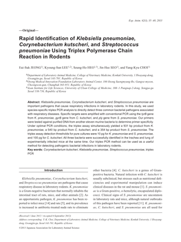 Rapid Identification of Klebsiella Pneumoniae, Corynebacterium Kutscheri, and Streptococcus Pneumoniae Using Triplex Polymerase Chain Reaction in Rodents