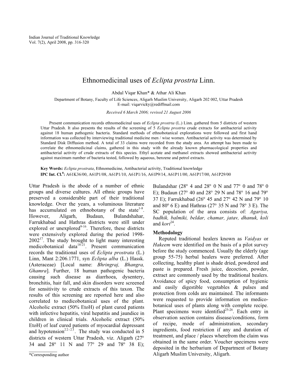 Eclipta Prostrata, Ethnomedicine, Antibacterial Activity, Traditional Knowledge IPC Int