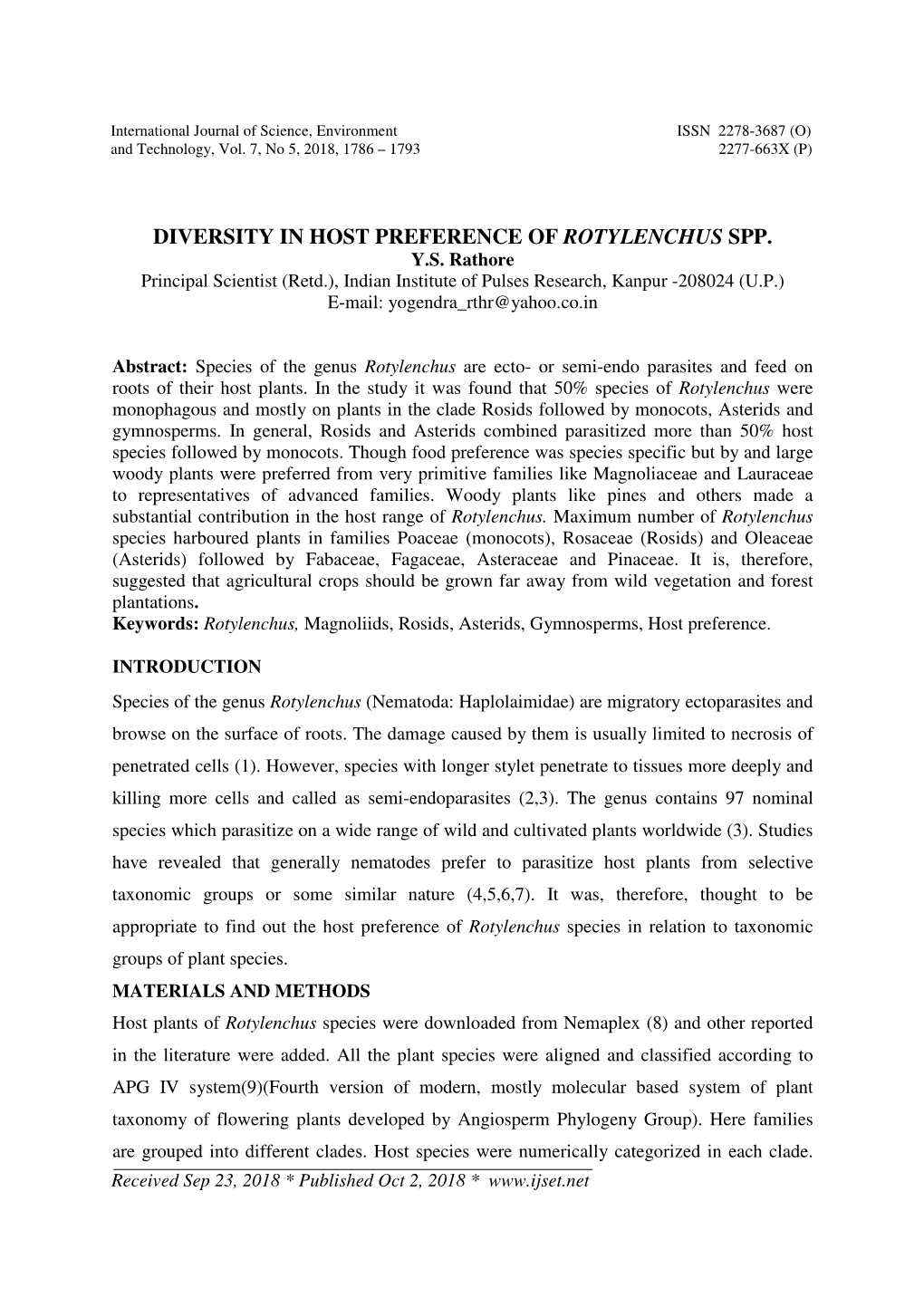 Diversity in Host Preference of Rotylenchus Spp. Y.S