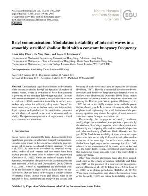 Brief Communication: Modulation Instability of Internal Waves in a Smoothly Stratified Shallow Fluid with a Constant Buoyancy Fr