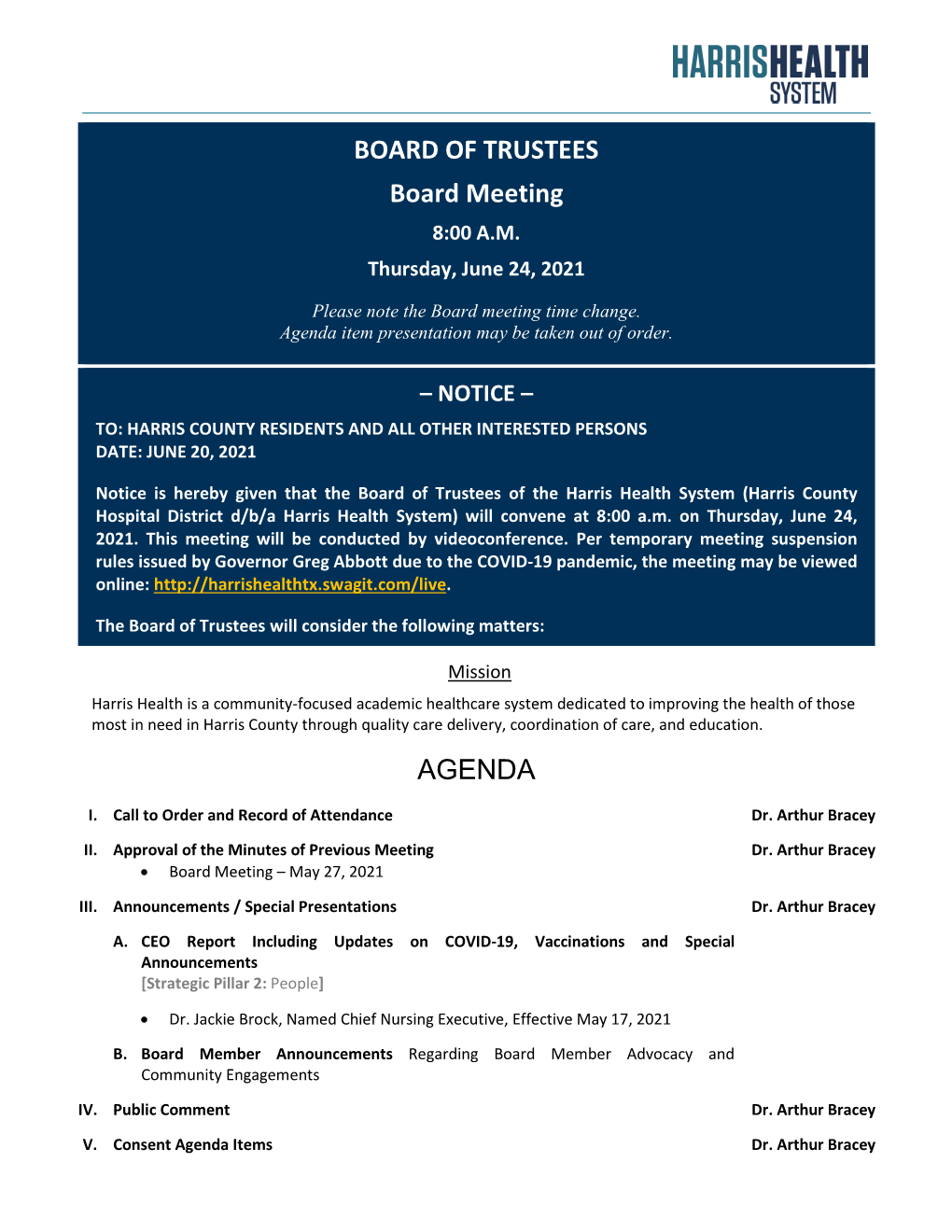 BOARD of TRUSTEES Board Meeting AGENDA