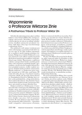 Wspomnienie O Profesorze Wiktorze Zinie a Posthumous Tribute to Professor Wiktor Zin