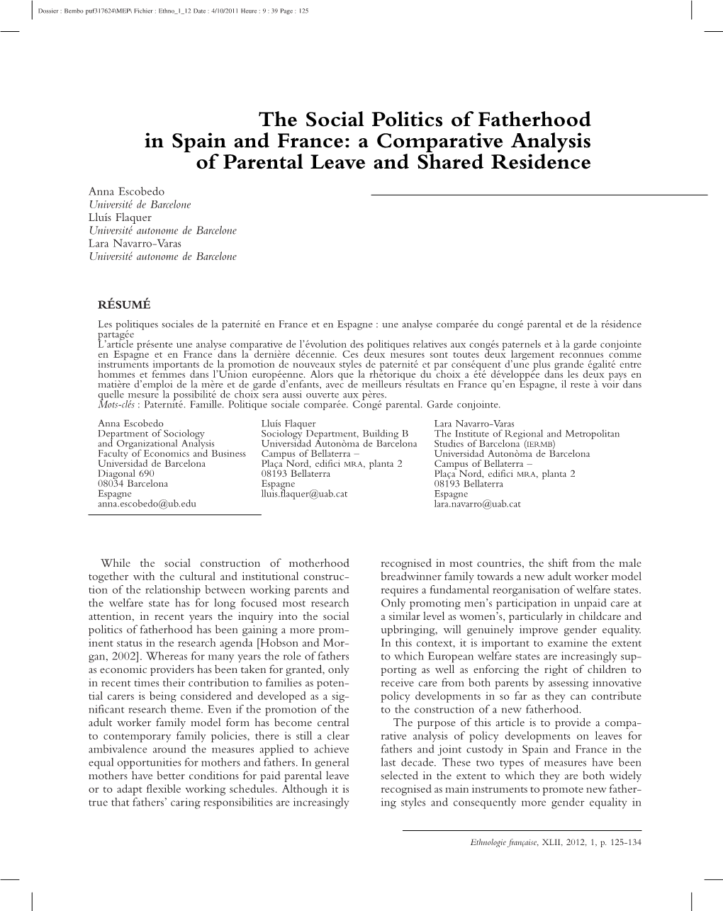 The Social Politics of Fatherhood in Spain and France: a Comparative