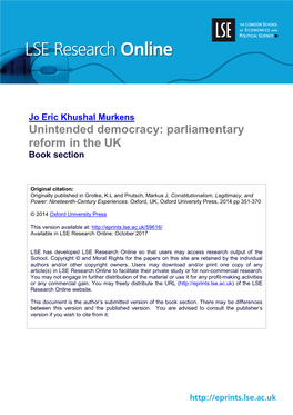 Unintended Democracy: Parliamentary Reform in the UK Book Section