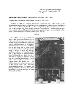 504 Canal Street House Designation Report