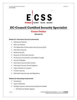 EC-Council Certified Security Specialist Course Outline (Version 9)