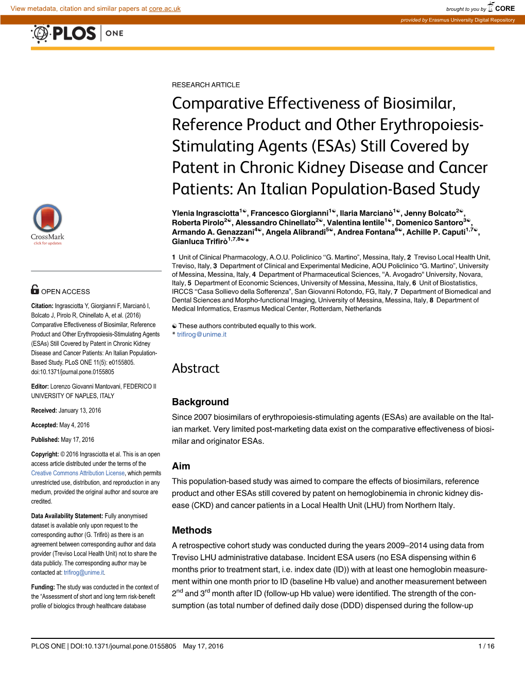 Comparative Effectiveness of Biosimilar, Reference Product and Other Erythropoiesis-Stimulating Agents (Esas) Still Covered by P