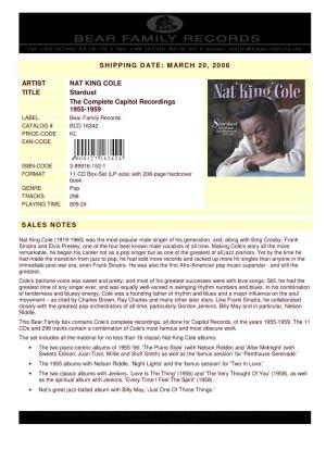 MARCH 20, 2006 ARTIST NAT KING COLE TITLE Stardust The