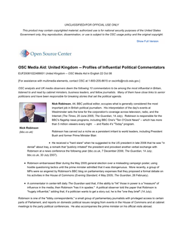 United Kingdom -- Profiles of Influential Political Commentators