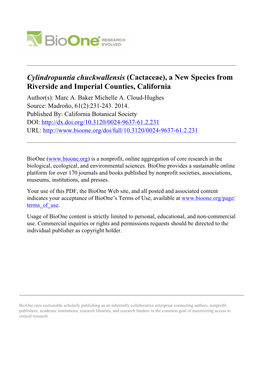 Cylindropuntia Chuckwallensis (Cactaceae), a New Species from Riverside and Imperial Counties, California Author(S): Marc A
