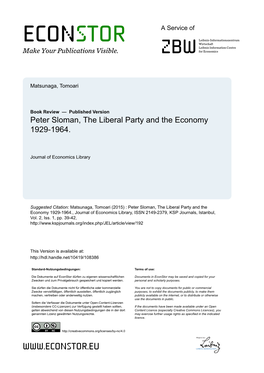 Peter Sloman, the Liberal Party and the Economy 1929-1964