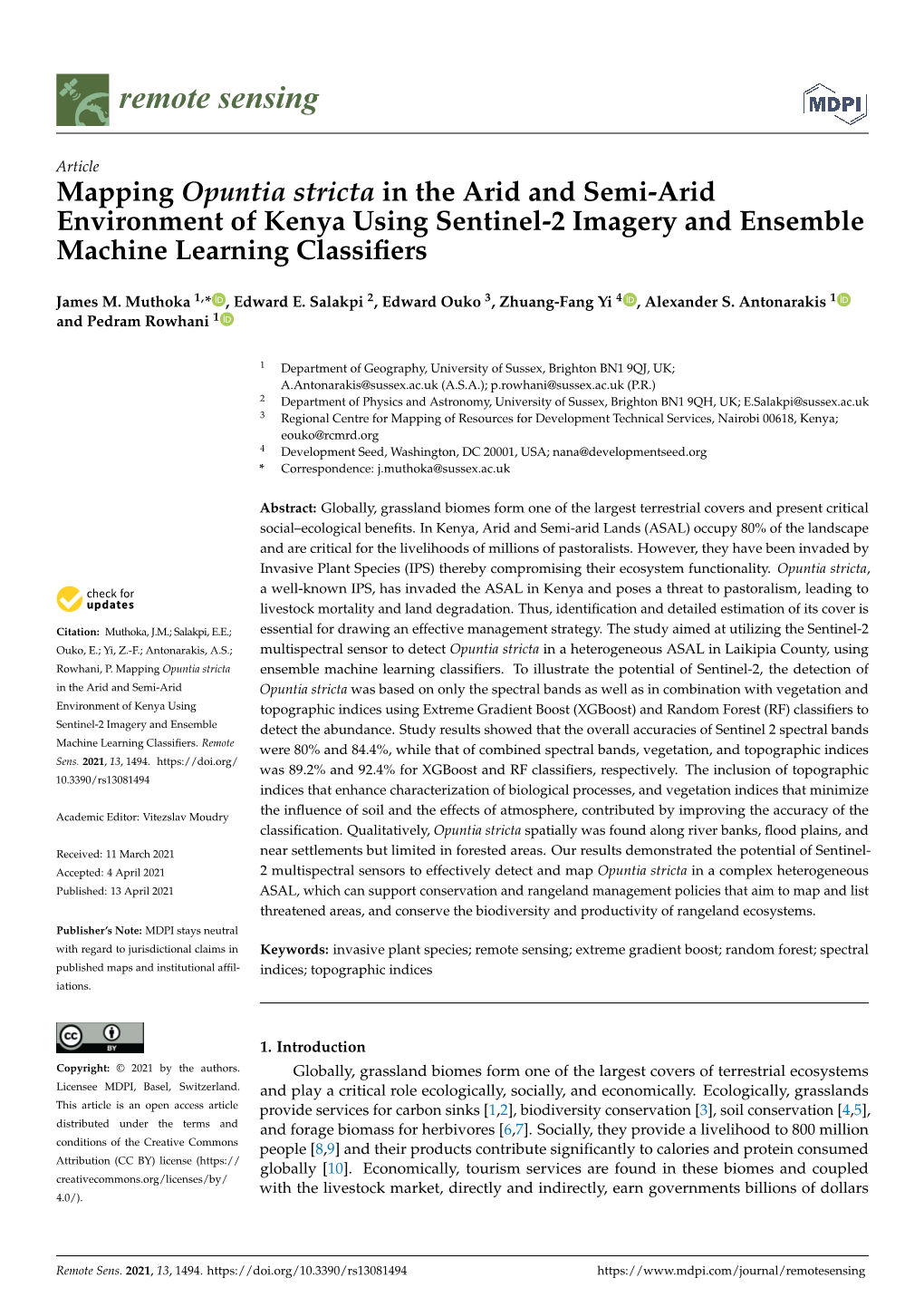 Mapping Opuntia Stricta in the Arid and Semi-Arid Environment of Kenya Using Sentinel-2 Imagery and Ensemble Machine Learning Classiﬁers