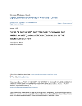 The Territory of Hawai'i, the American West, and American Colonialism In