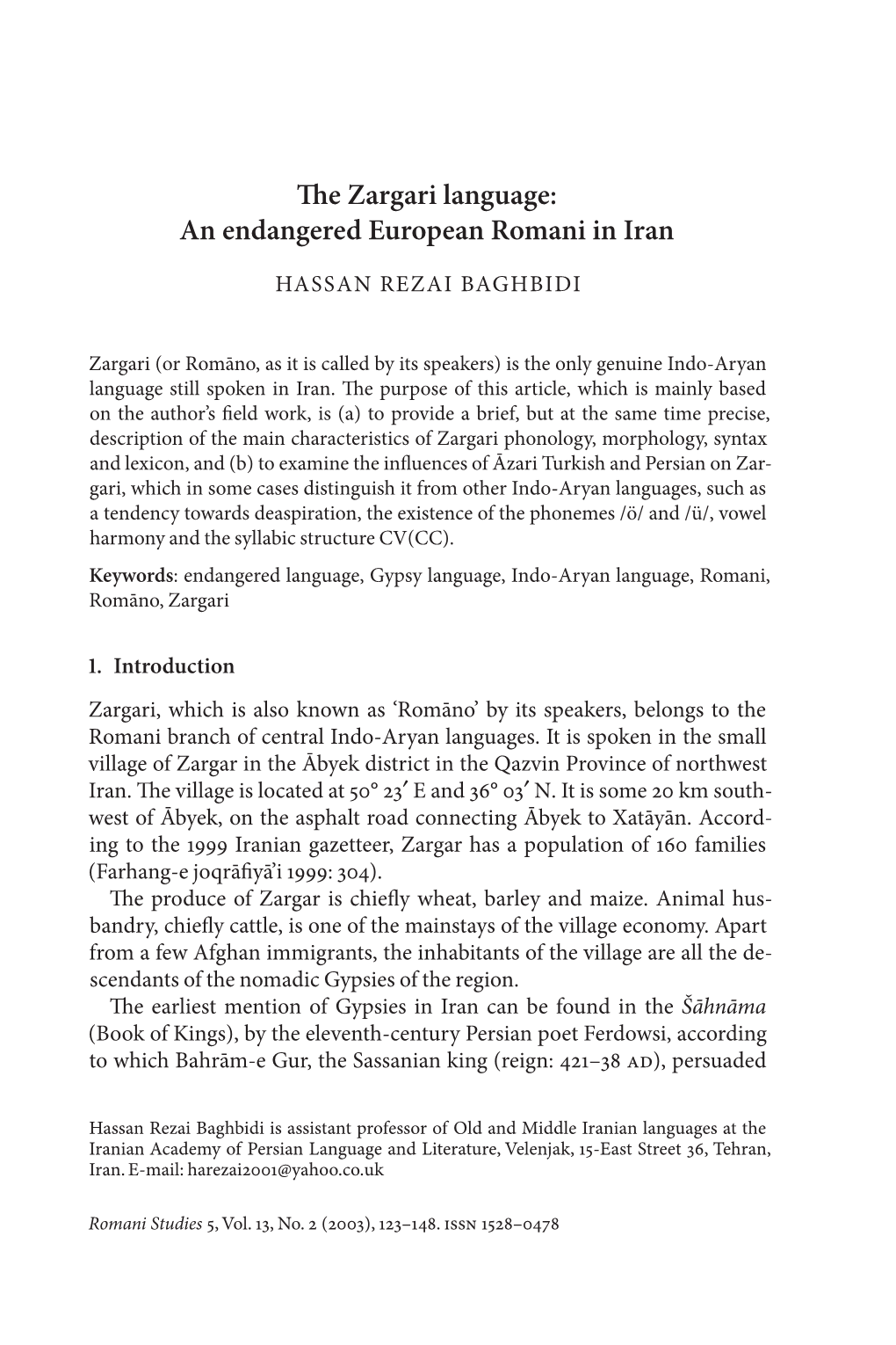 The Zargari Language: an Endangered European Romani in Iran