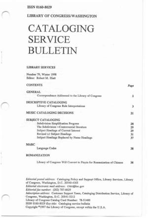Cataloging Service Bulletin 079, Winter 1998