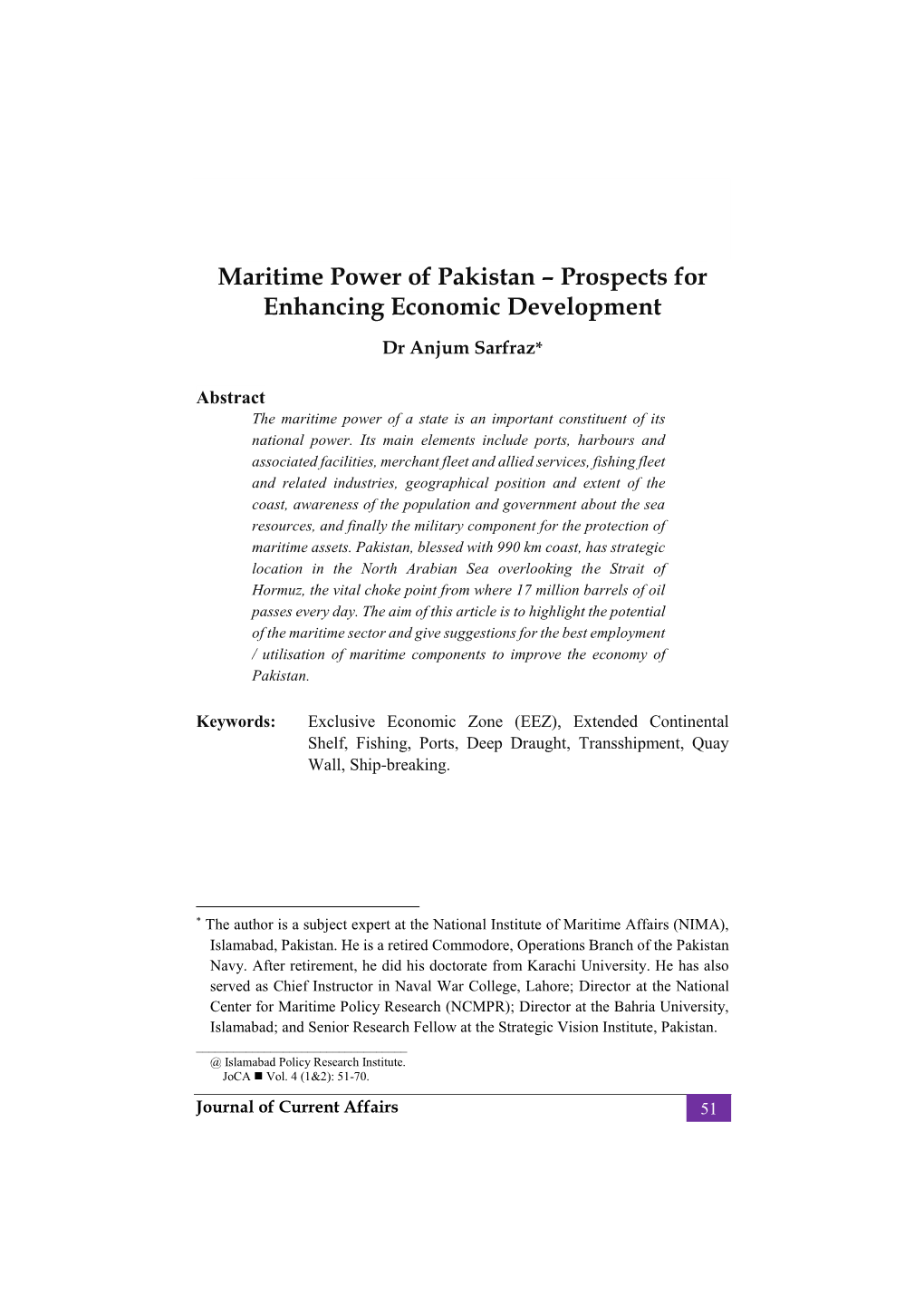 Maritime Power of Pakistan – Prospects for Enhancing Economic Development