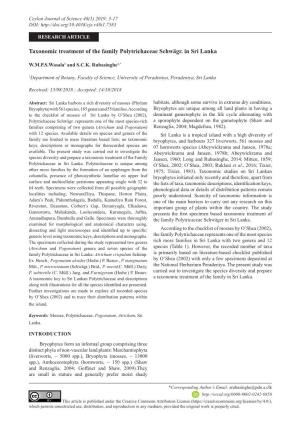 Taxonomic Treatment of the Family Polytrichaceae Schwägr. in Sri Lanka