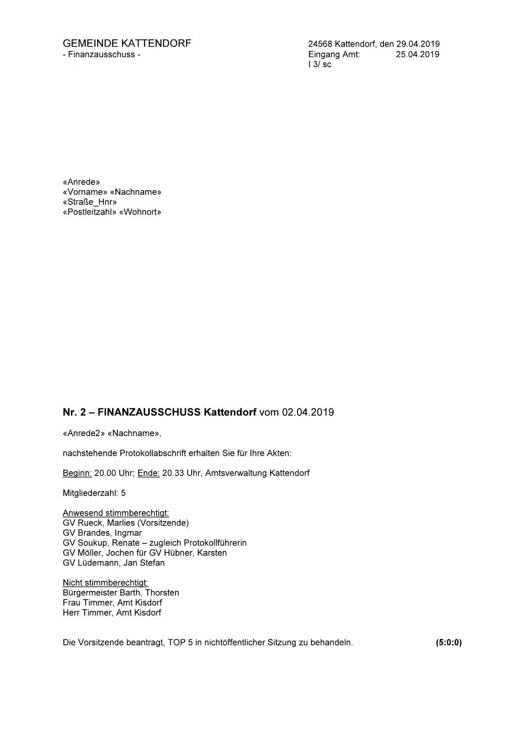 FINANZAUSSCHUSS Kattendorf Vom 02.04.2019