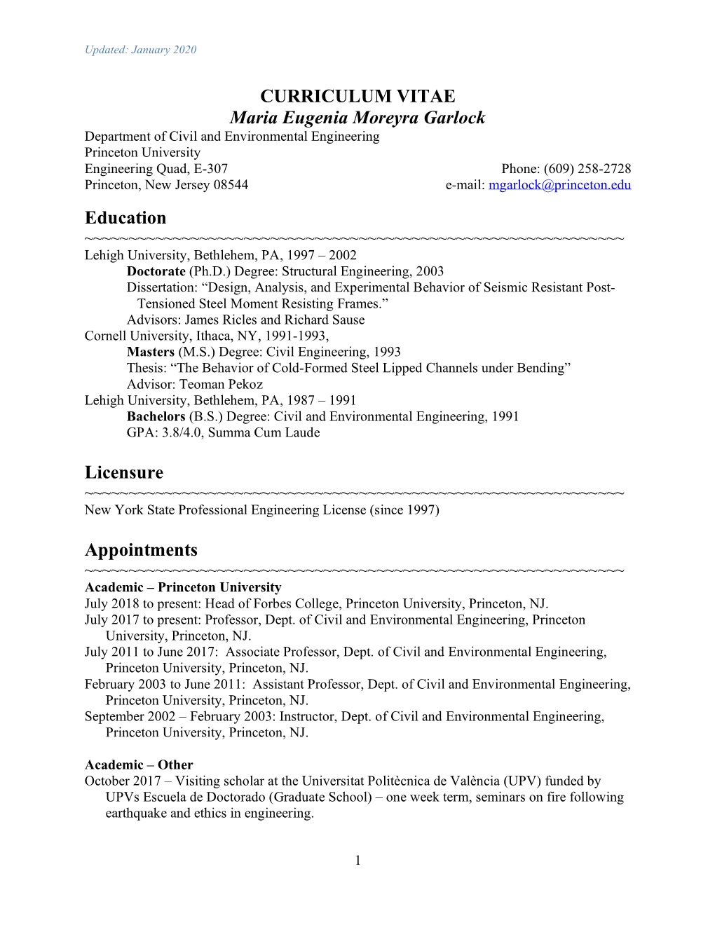 CURRICULUM VITAE Maria Eugenia Moreyra Garlock Education - DocsLib