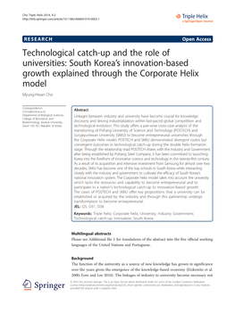 Technological Catch-Up and the Role of Universities: South Korea’S Innovation-Based Growth Explained Through the Corporate Helix Model Myung-Hwan Cho