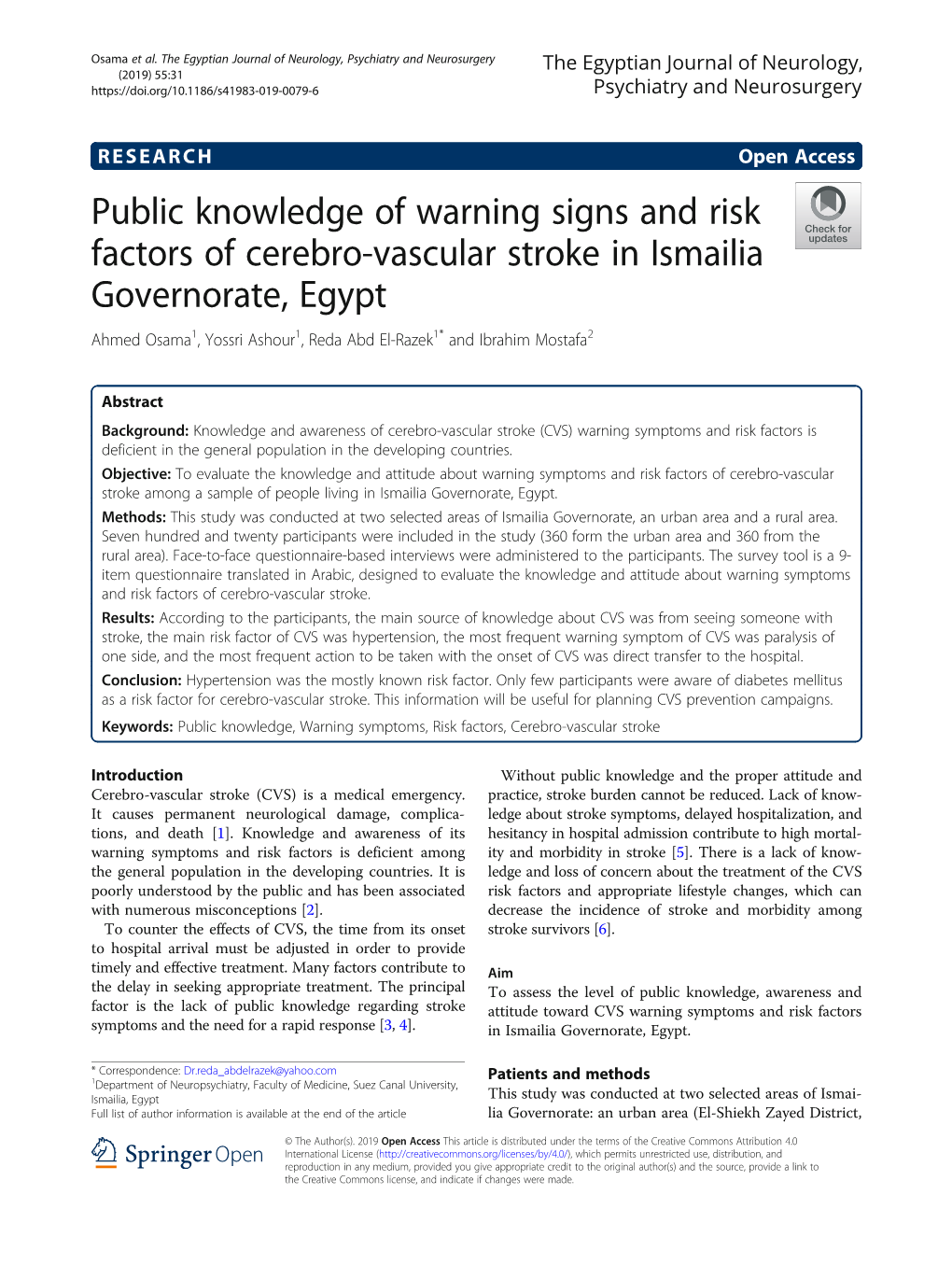 Public Knowledge of Warning Signs and Risk Factors of Cerebro-Vascular