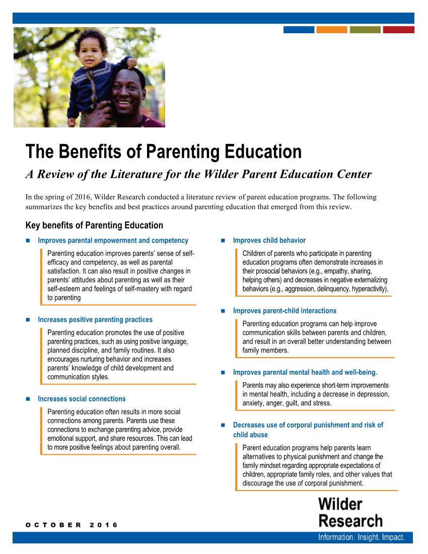 The Benefits of Parenting Education a Review of the Literature for the Wilder Parent Education Center